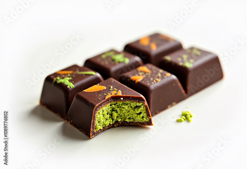 Dubai chocolate, A close-up reveals a broken dark chocolate bar featuring individual squares filled with vibrant green matcha cream. Orange flecks decorate the chocolate. photo