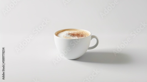 A rich chai latte served in a ceramic cup with frothy spiced milk, garnished with a sprinkle of cinnamon, placed on a bright white background for a warming ad.