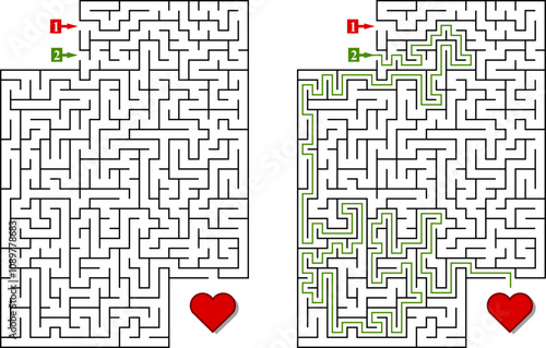 Labyrinth with two entrances. Find the right way and reach the exit of the maze. Mental educational game template with clue. Vector illustration