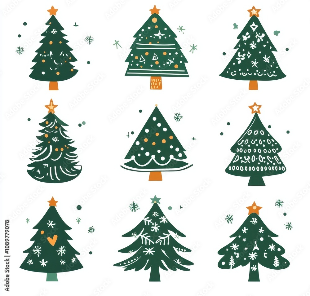 Obraz premium Colorful hand-drawn Christmas trees in festive designs and patterns.