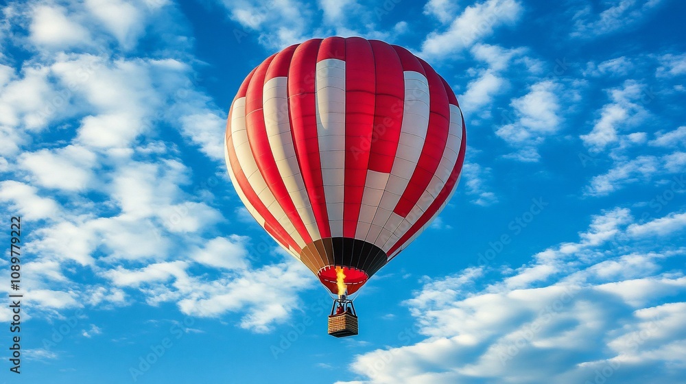 Obraz premium Red and white hot air balloon soaring in a vibrant blue sky with fluffy clouds.