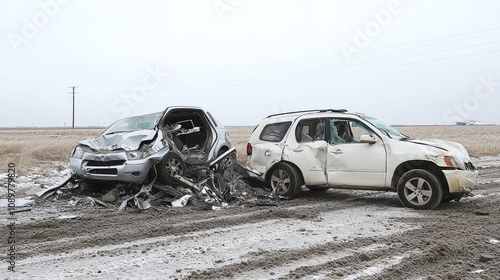 A photo shows a white SUV and a silver car crashed.  The picture is on a plain white background. photo