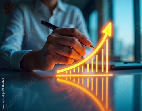 Close-up of a hand sketching a glowing graph showing exponential growth on a reflective surface. The scene is dimly lit, suggesting late hours of work or planning. photo