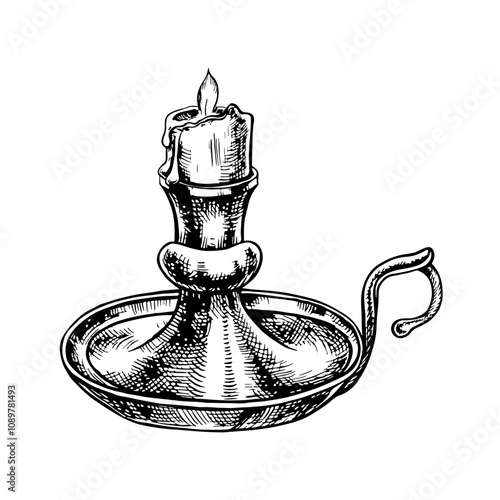 An antique candlestick with a burning candle. Vector black and white graphics. Hand-drawn illustration on a white background. An element of the design flyers, posters. Posters, flyers, banner and more