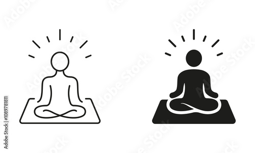 Human Meditate and Relax. Person Sit in Lotus Pose Pictogram. Wellness, Yoga Body Exercise, Fitness Zen Line and Silhouette Icon Set. Editable Stroke. Isolated Vector Illustration