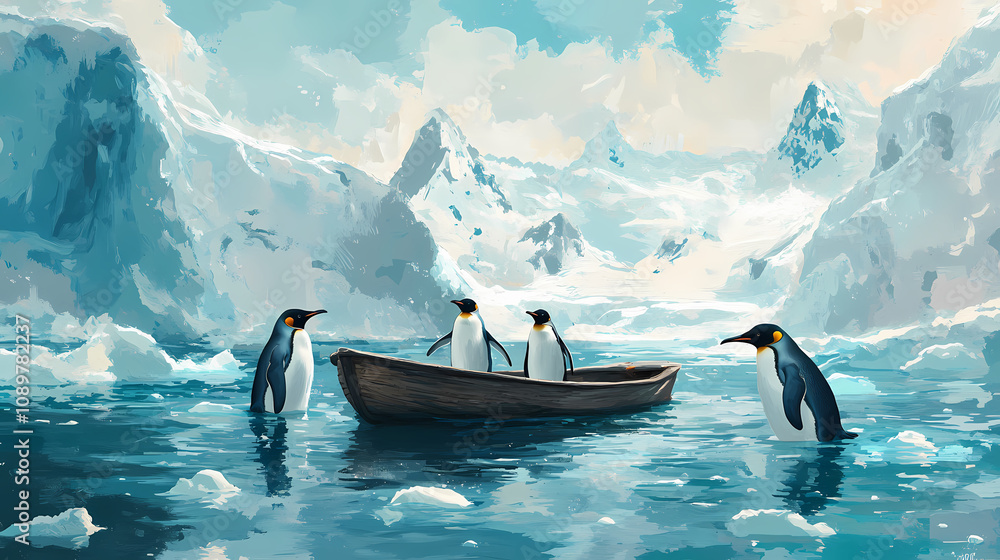 Fototapeta premium Penguins' icy commute: three penguins navigate a serene, icy landscape, two in a wooden boat and one swimming, reflecting the tranquility of polar life. Icy Arctic Expedition. Illustration