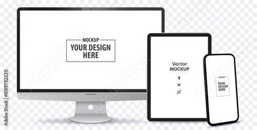 Tablet PC, Mobile Phone and Desktop Computer Monitor Screen Mockup. Digital devices template vector illustration with transparent background.