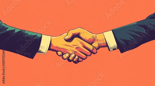 Business partners shake hands, signifying a deal, merger, or joint venture. This symbolizes teamwork and success in business, finance, and investment.