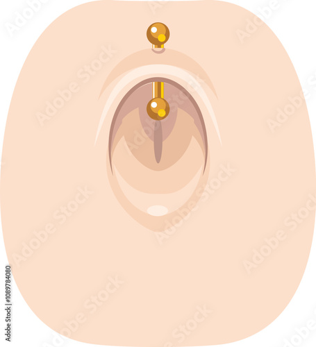 Vertical christina piercing featuring a golden barbell, displayed on smooth skin