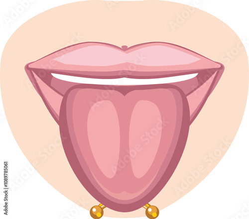 Cartoon illustration of a woman showing pierced tongue and white teeth