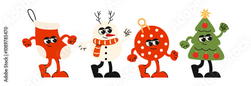 Christmas characters without background. Christmas new year stickers in cartoon style. Gifts, Christmas tree, Christmas ball, coziness, Santa. Holiday cartoon illustrations in groove doodles style 