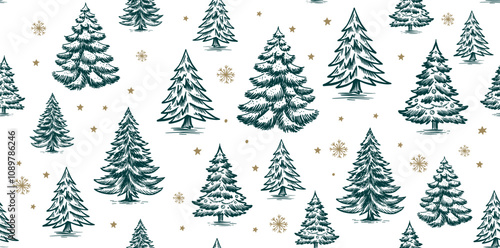 Christmas pattern with tree blue on white, hand drawn illustrations	
