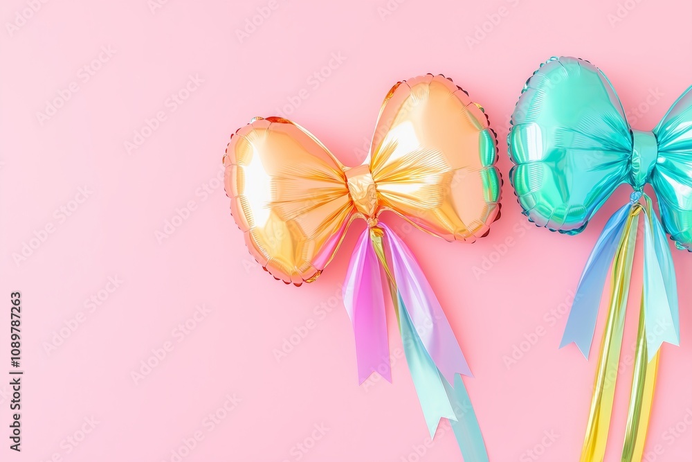 bow shaped foil balloons on a pastel pink background bow shaped foil balloons on a pastel pink background