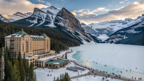 resort winter vacation experiencein on stunning backdrop mountains with lake hot springs soaking in Banff, Canada photo