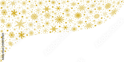 Snowflakes border in a wave shape with no background. Wave vector of golden snowflakes. Template with golden snowflake. Christmas decoration.