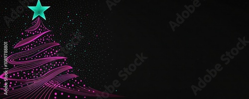 Abstract Christmas tree design with neon pink dots and curved lines, positioned in the bottom left third of a black background, accented with a striking teal star, simple and elegant