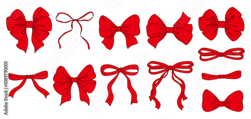 Set of red sketched bow and ribbon. Hand drawn vintage line art vector illustration.