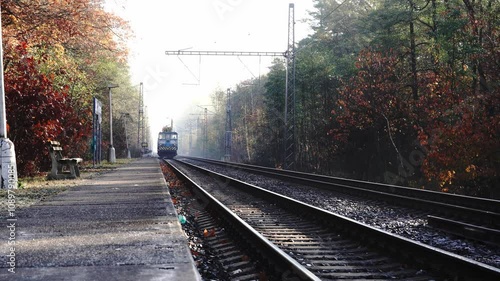 A train travels along a low-traffic railway line, cutting through the quiet landscape with a sense of motion, purpose, and rural charm.