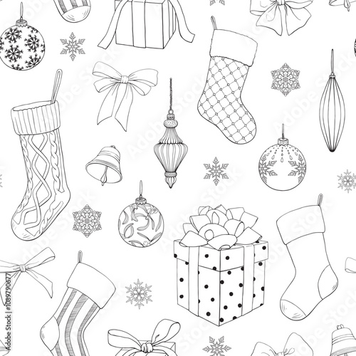Christmas seamless pattern with gift boxes toys bows socks bells snowflakes Black white. Hand drawn linear elements.Vintage vector background for design holiday package, gift paper, decor new year