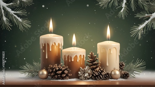 Cozy Christmas Candlelight Still Life with Wintery Decorations