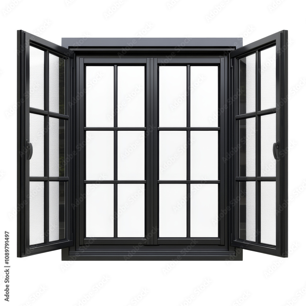 Modern black window design with open sashes Modern black window design with open sashes