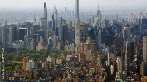 
Aerial View Of New York City Showcasing The Vibrant Skyline Of Manhattan. Upper East Side Skyline. Skyscrapers and Central Park. High Quality Content Shot from Helicopter.