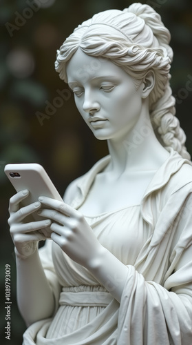 Marble sculpture of a woman holding a smartphone, blending classical and modern themes Phone Wallpaper
