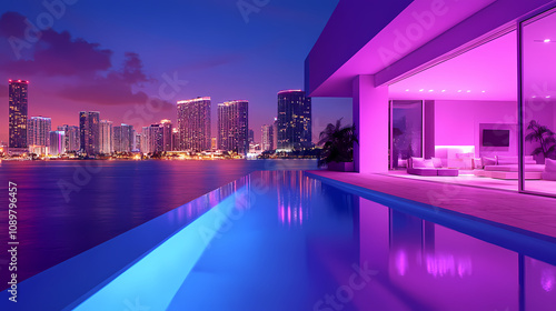 Luxurious modern villa with infinity pool overlooking miami skyline at twilight sleek architecture blends indooroutdoor living epitomizing highend urban lifestyle. Urban Rooftop Skyline. Illustration photo