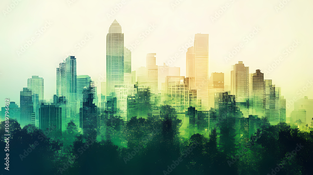 Fototapeta premium Double exposure silhouette of city view with green rooftops and buildings, sustainable urban living, vibrant palette. Urban Rooftop Skyline. Illustration