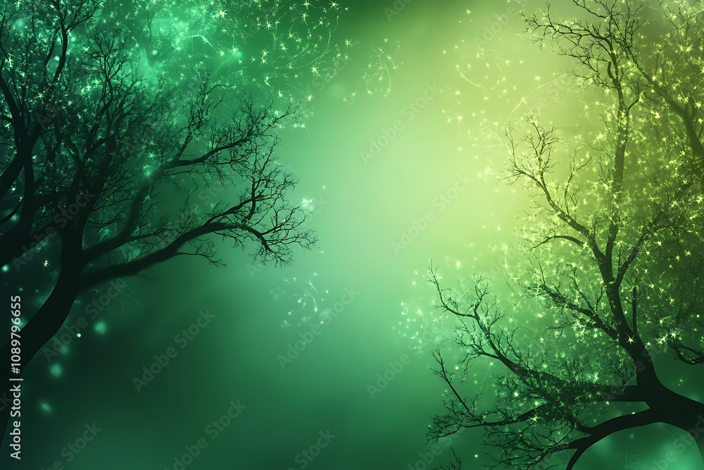 Fototapeta premium Emerald green gradient background with abstract glowing tree shapes