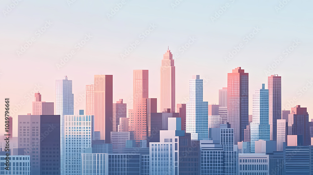 Obraz premium Detailed city skyline illustration depicting urban buildings and architecture against a minimalist background. Urban Rooftop Skyline. Illustration