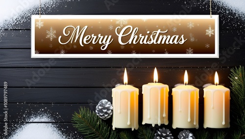 Elegant Merry Christmas Sign with Lit Candles and Festive Pine Décor