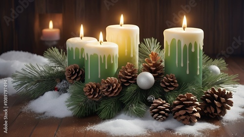 Rustic Holiday Glow: A Festive Still Life with Green Candles and Pinecones