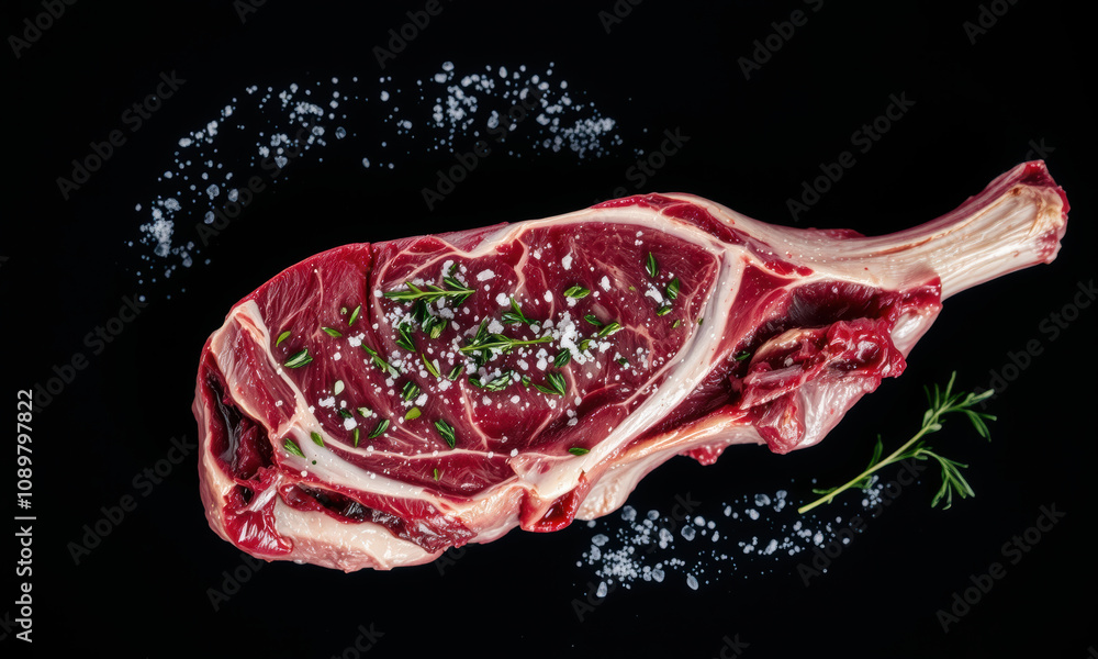 Fototapeta premium Fresh raw T bone steak garnished with herbs and sea salt on black background, perfect for grilling or cooking