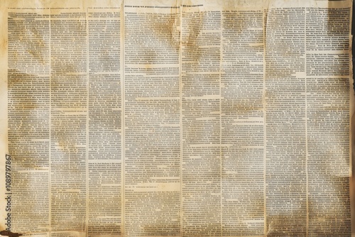 Vintage newspaper background texture. Old paper news sheet with unreadable aged text. Sepia color journal page with journalistic writings and printing grunge effect. photo