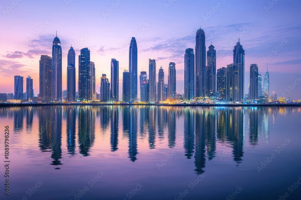 Fototapeta premium Skyline at dusk with mirror-like water reflections under a clear sky