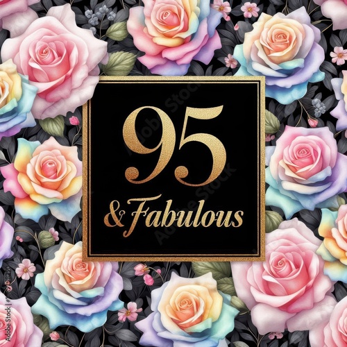 Colorful floral backdrop with a bold gold text celebrating a 95th birthday. photo