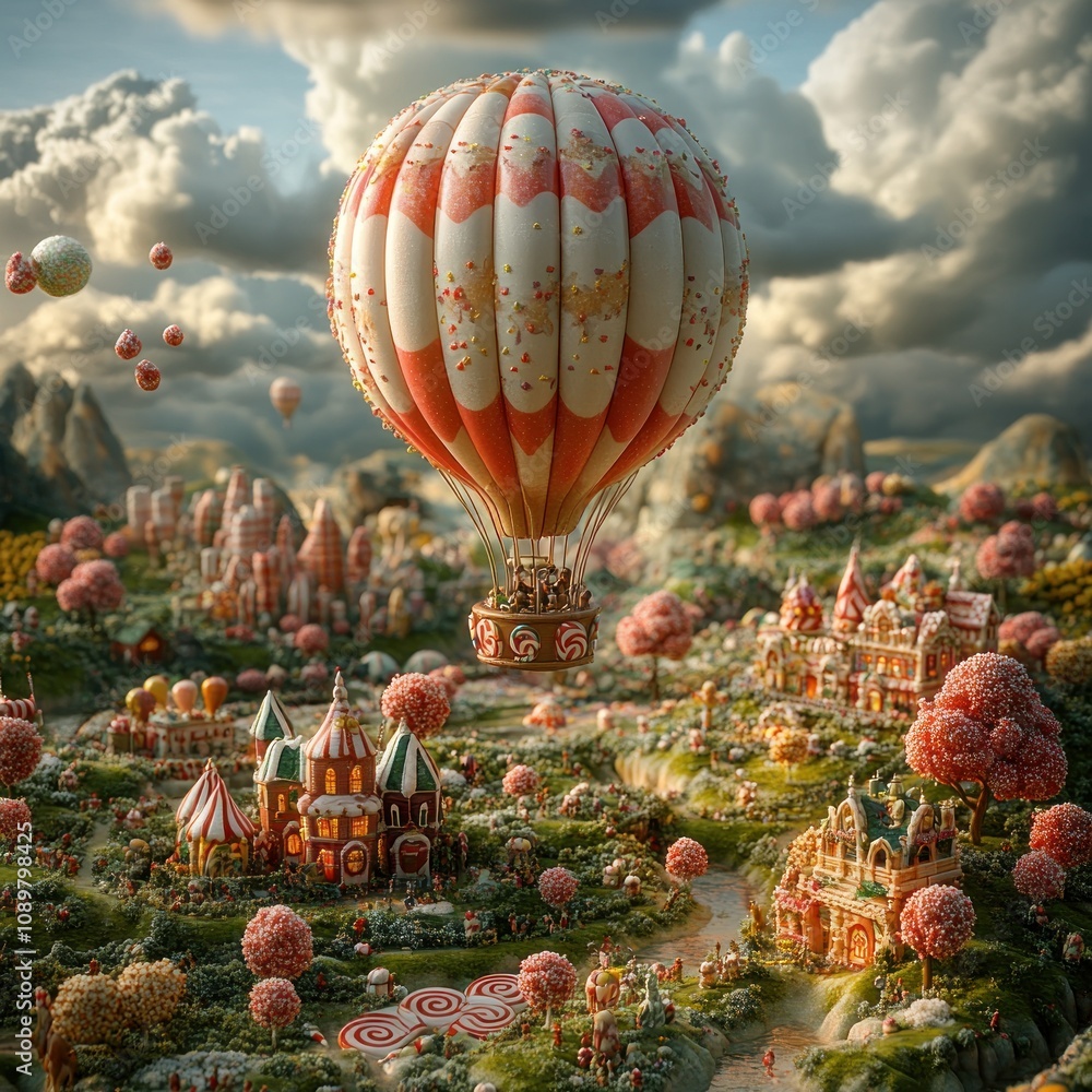 Fototapeta premium A whimsical landscape featuring colorful hot air balloons and fantastical architecture.