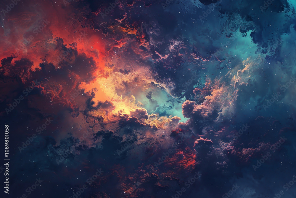 Obraz premium A colorful space scene with a mix of red, yellow, and blue clouds