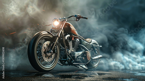 A motorcycle is shown in a smokey, hazy background