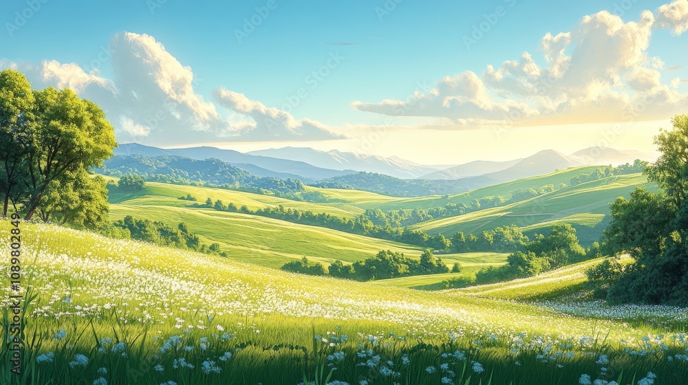Fototapeta premium Serene Rolling Hills Landscape With Wildflowers And Trees