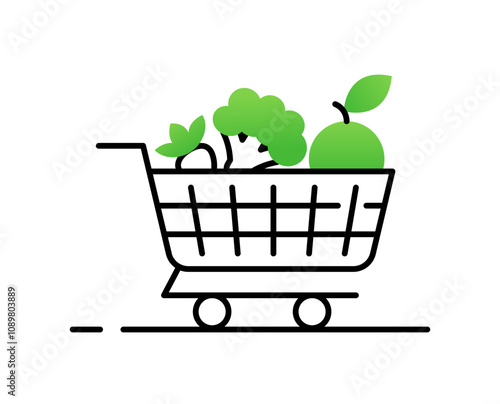 Supermarket Shopping Cart Icon with Groceries, Black Line Art with Green Accent