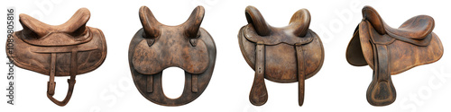 Leather saddle isolated on transparent background, Set of