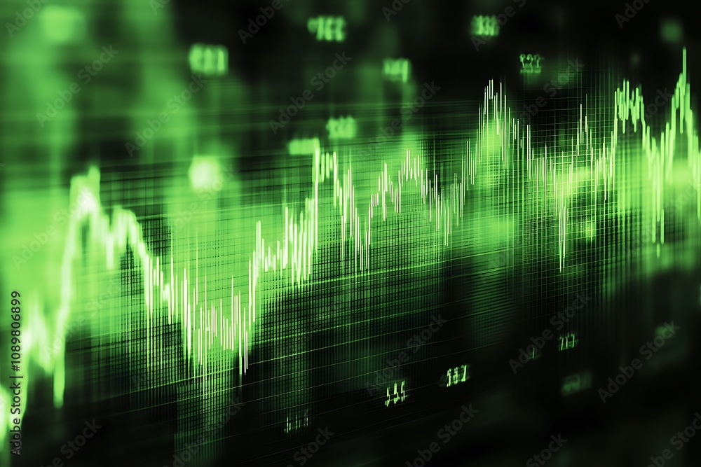 Fototapeta premium Subtle digital waveforms in green on a dark canvas symbolizing finance