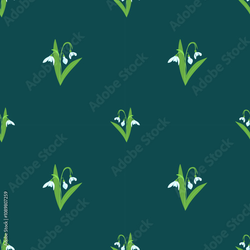 A seamless vector pattern featuring voluminous snowdrops, perfect for fabric, wallpaper, and stationery designs. Ideal for spring-themed products, home decor, and fashion accessories.