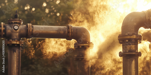 Close-up of outdoor metal heating pipes surrounded by hot steam. Centralized heating, boiler house, heating season photo