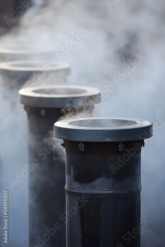 Close-up of outdoor metal heating pipes surrounded by hot steam. Centralized heating, boiler house, heating season photo