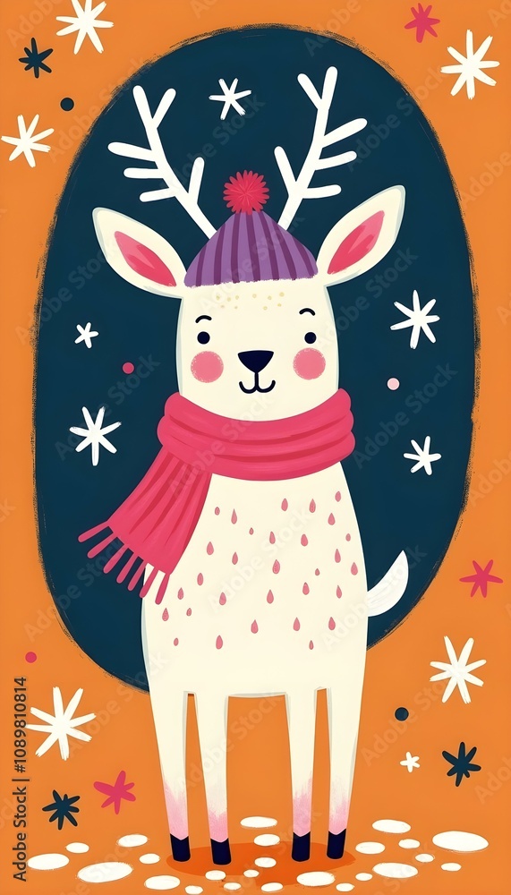 Fototapeta premium White Reindeer with Pink Scarf and Hat Winter Holiday Design
