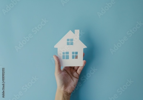 house silhouette, home concept, real estate, housing market, paper house, hand holding house, blue background, abstract design, minimalist decor, housing ideas photo