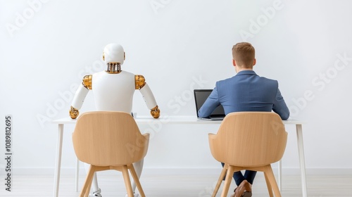 Humanoid Robot and Human Working Together at a Modern Office Desk